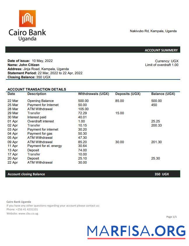 Downloadable Uganda Cairo bank statement word real example